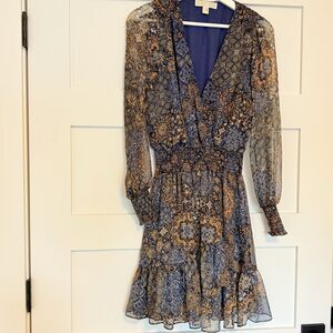 Michael Kors Women's Long Sleeve Midi Dress Navy & Gold Van Gogh Pattern